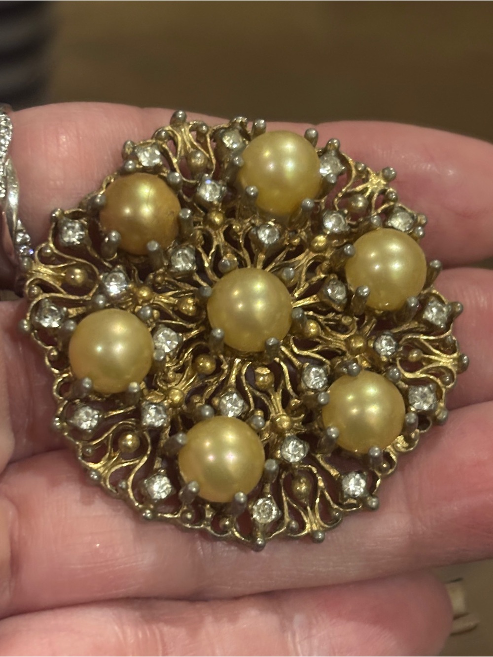 Vintage Signed Ciner Faux Pearl & Rhinestone Filigree Gold Tone Statement Brooch